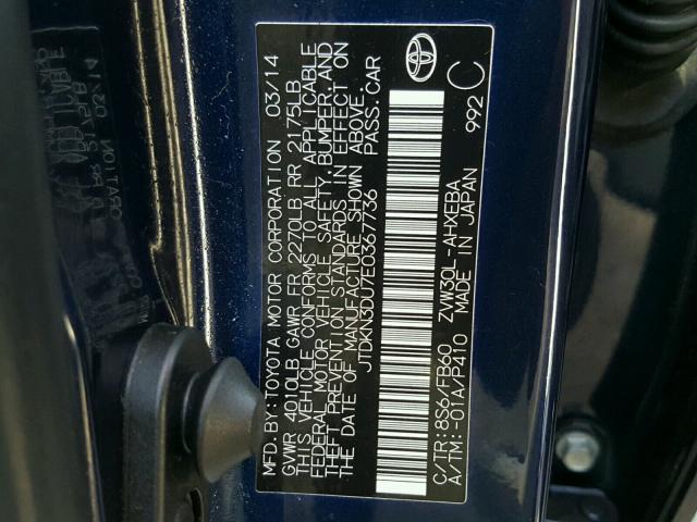 JTDKN3DU7E0367736 - 2014 TOYOTA PRIUS BLUE photo 10