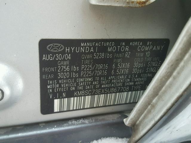 KM8SC73EX5U867708 - 2005 HYUNDAI SANTA FE G SILVER photo 10