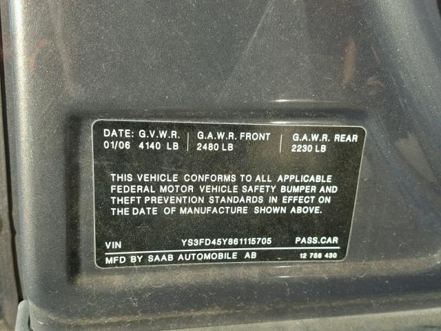 YS3FD45Y861115705 - 2006 SAAB 9-3 BASE GRAY photo 10