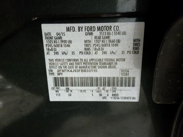 2FMTK4J93FBB33110 - 2015 FORD EDGE SEL GREEN photo 10