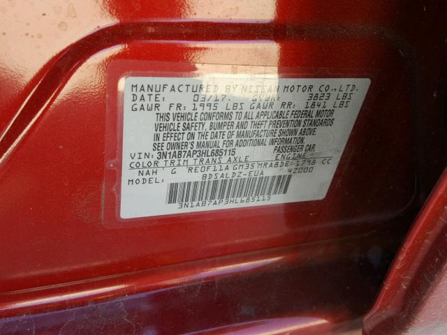 3N1AB7AP3HL685115 - 2017 NISSAN SENTRA S RED photo 10