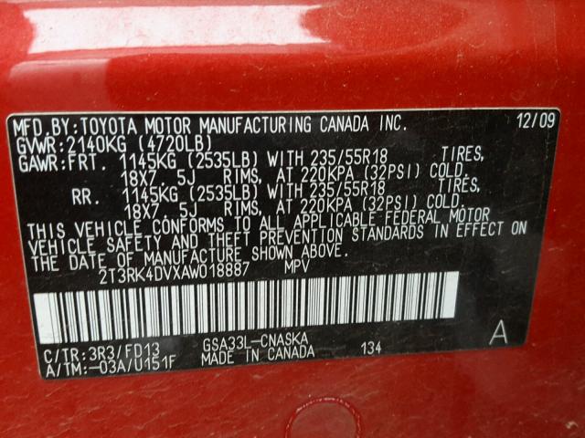 2T3RK4DVXAW018887 - 2010 TOYOTA RAV4 SPORT RED photo 10