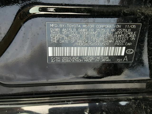 JTHCK262565002509 - 2006 LEXUS IS 250 BLACK photo 10