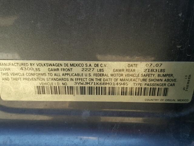 3VWJM71K68M014945 - 2008 VOLKSWAGEN JETTA S GRAY photo 10