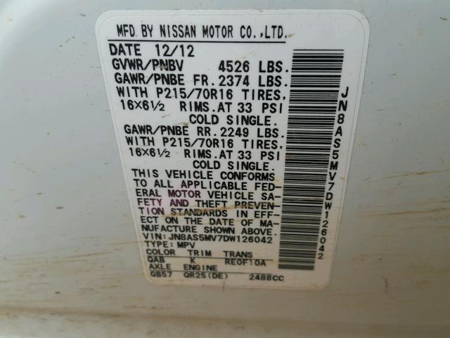 JN8AS5MV7DW126042 - 2013 NISSAN ROGUE S WHITE photo 10