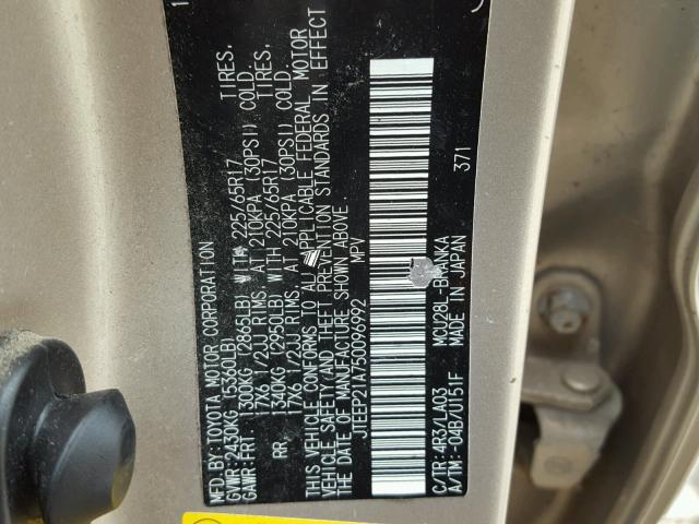 JTEEP21A750096992 - 2005 TOYOTA HIGHLANDER GOLD photo 10