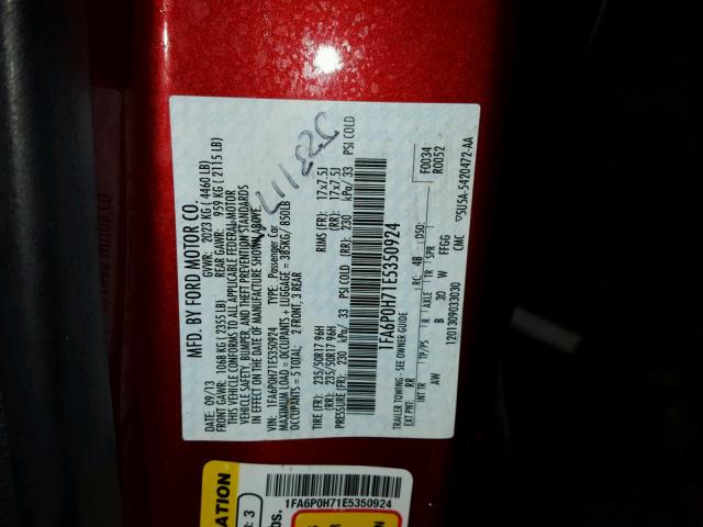 1FA6P0H71E5350924 - 2014 FORD FUSION SE RED photo 10