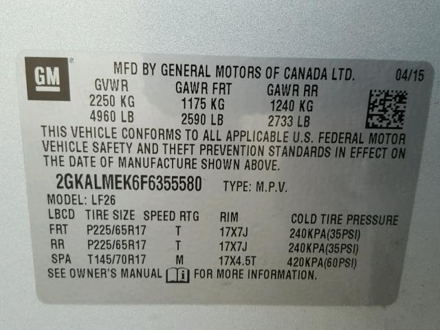 2GKALMEK6F6355580 - 2015 GMC TERRAIN SL SILVER photo 10