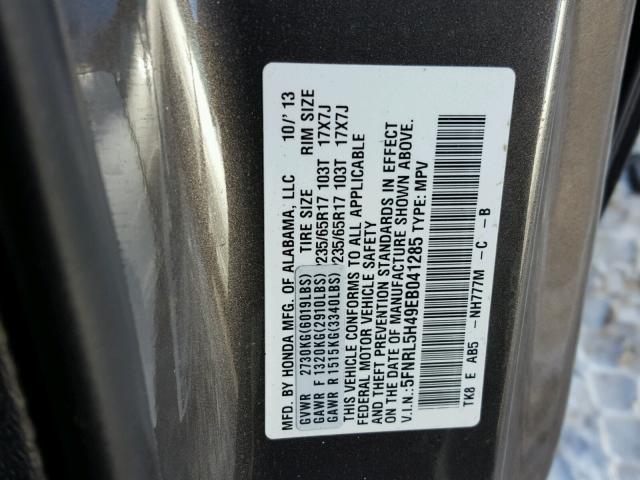 5FNRL5H49EB041285 - 2014 HONDA ODYSSEY EX GRAY photo 10