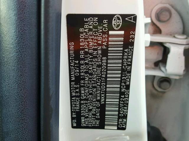 VNKKTUD31FA020988 - 2015 TOYOTA YARIS WHITE photo 10