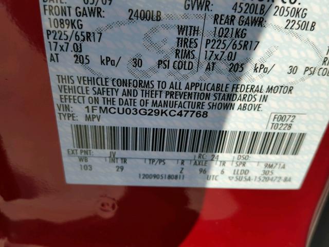 1FMCU03G29KC47768 - 2009 FORD ESCAPE XLT RED photo 10