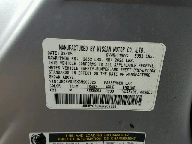 JNKBY01EX6M206325 - 2006 INFINITI M45 BASE SILVER photo 10