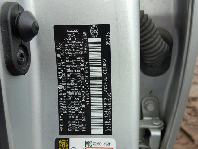 4T4BE46KX7R006144 - 2007 TOYOTA CAMRY NEW SILVER photo 10