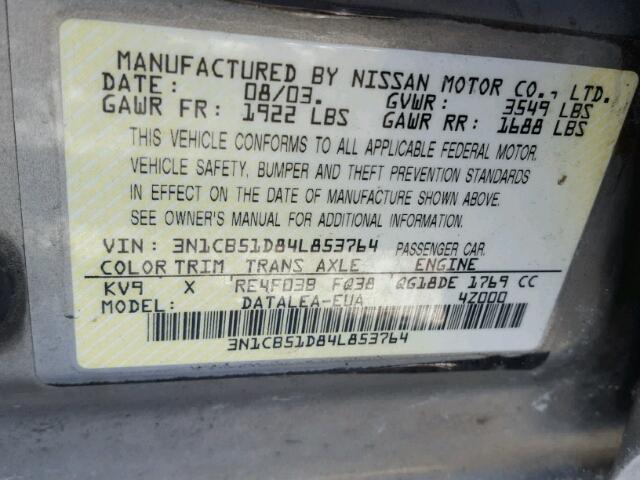 3N1CB51D84L853764 - 2004 NISSAN SENTRA 1.8 GRAY photo 10