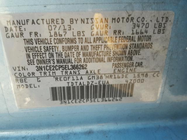 3N1CE2CP5EL366262 - 2014 NISSAN VERSA NOTE BLUE photo 10