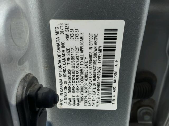 2HKRM4H54DH625402 - 2013 HONDA CR-V EX SILVER photo 10