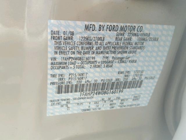 1FAHP24W08G160199 - 2008 FORD TAURUS SEL TAN photo 10