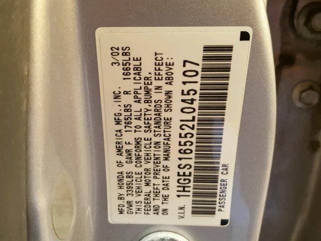 1HGES16552L045107 - 2002 HONDA CIVIC LX SILVER photo 10