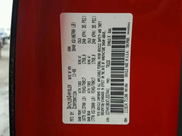 1D7HA18KX7J557441 - 2007 DODGE RAM 1500 S RED photo 10