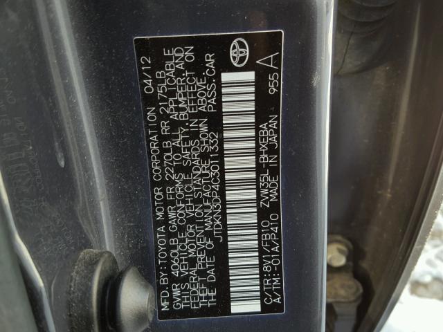 JTDKN3DP4C3011332 - 2012 TOYOTA PRIUS PLUG GRAY photo 10