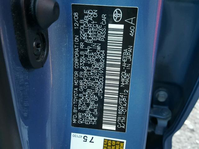 JTDKB20U197882964 - 2009 TOYOTA PRIUS BLUE photo 10