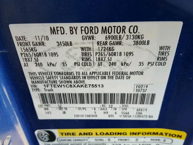 1FTEW1C8XAKE75513 - 2010 FORD F150 SUPER BLUE photo 10