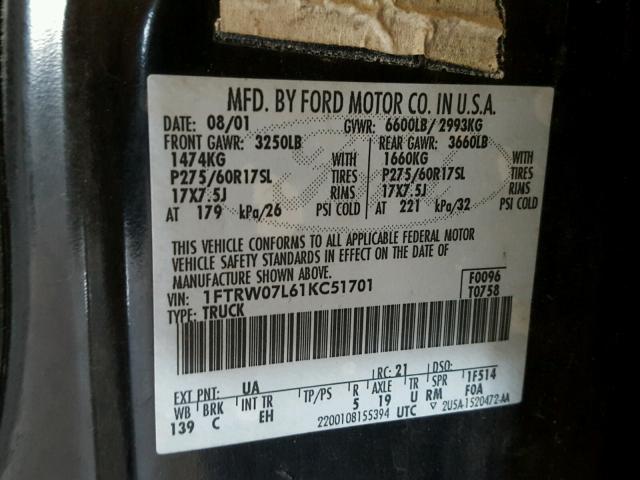 1FTRW07L61KC51701 - 2001 FORD F150 SUPER BLACK photo 10