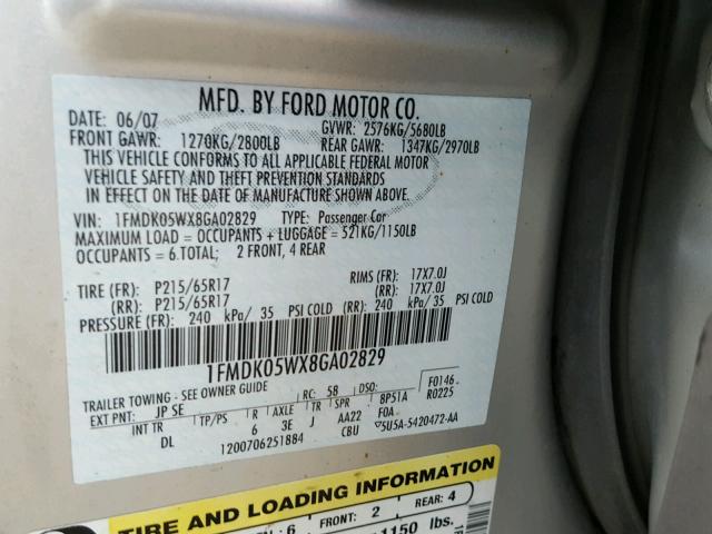 1FMDK05WX8GA02829 - 2008 FORD TAURUS X S SILVER photo 10