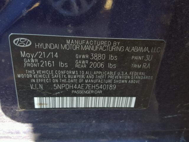 5NPDH4AE7EH540189 - 2014 HYUNDAI ELANTRA SE BLUE photo 10