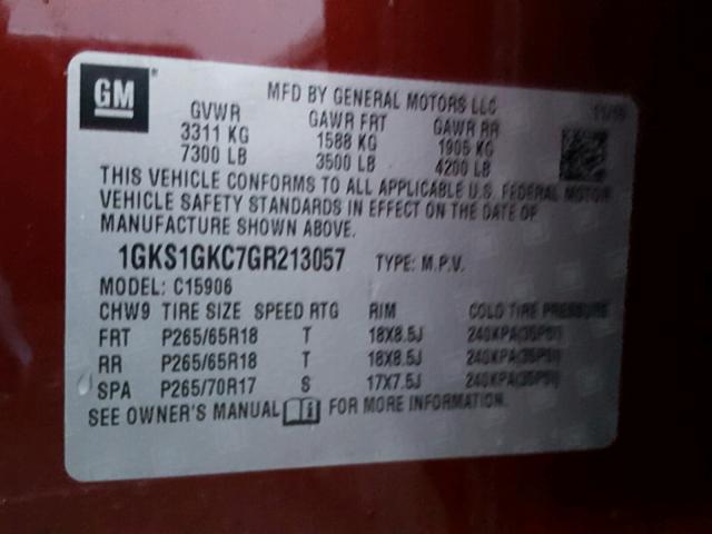 1GKS1GKC7GR213057 - 2016 GMC YUKON XL C BURGUNDY photo 10