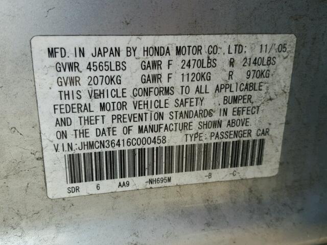 JHMCN36416C000458 - 2006 HONDA ACCORD HYB SILVER photo 10