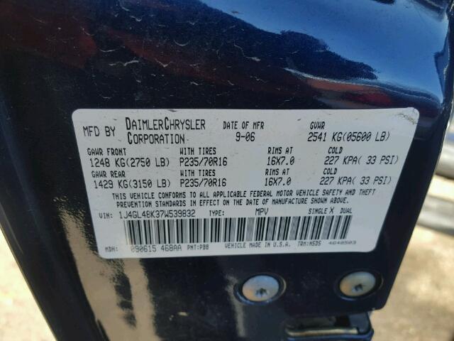 1J4GL48K37W539832 - 2007 JEEP LIBERTY SP BLUE photo 10