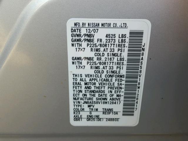 JN8AS58V18W128417 - 2008 NISSAN ROGUE S SILVER photo 10