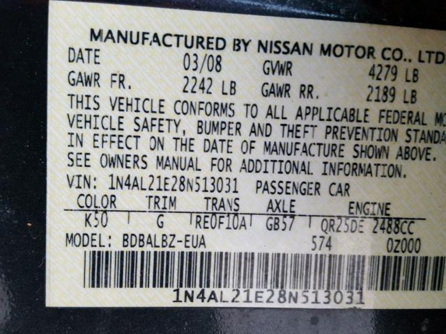 1N4AL21E28N513031 - 2008 NISSAN ALTIMA 2.5 GRAY photo 10