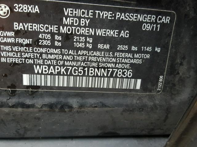 WBAPK7G51BNN77836 - 2011 BMW 328 XI BLACK photo 10