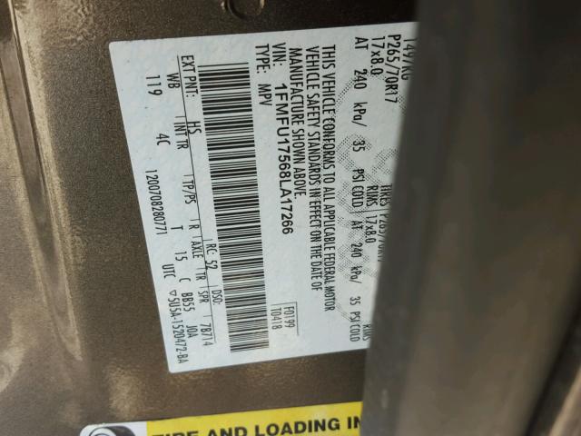 1FMFU17568LA17266 - 2008 FORD EXPEDITION TAN photo 10