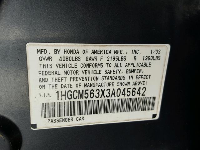 1HGCM563X3A045642 - 2003 HONDA ACCORD LX GRAY photo 10