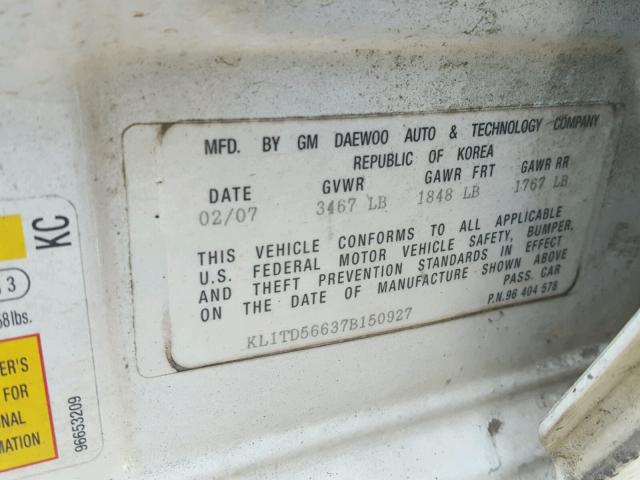 KL1TD56637B150927 - 2007 CHEVROLET AVEO BASE Biały zdjęcie 10