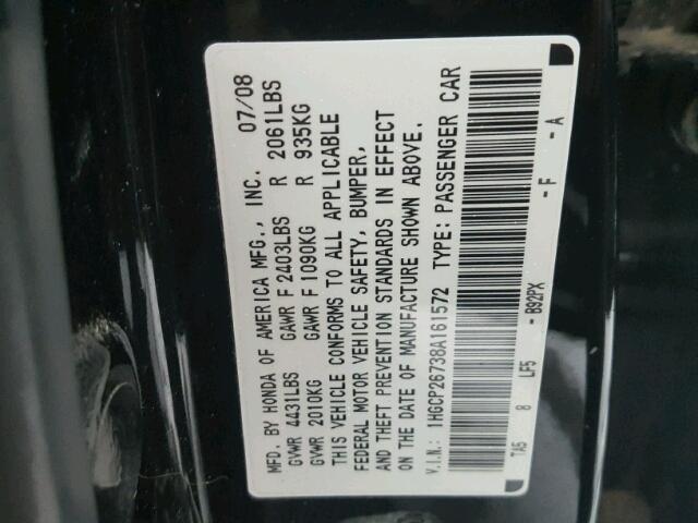 1HGCP26738A161572 - 2008 HONDA ACCORD EX BLACK photo 10