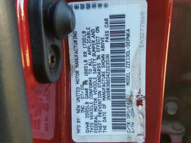 1NXBR38E04Z223536 - 2004 TOYOTA COROLLA CE RED photo 10