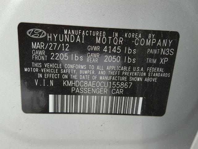 KMHDC8AE0CU155867 - 2012 HYUNDAI ELANTRA TO SILVER photo 10