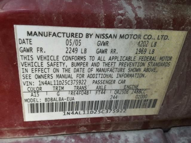 1N4AL11D25C375922 - 2005 NISSAN ALTIMA S MAROON photo 10