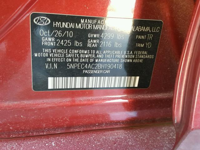 5NPEC4AC2BH190418 - 2011 HYUNDAI SONATA SE RED photo 10