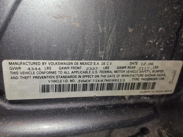 3VWDF71K47M099113 - 2007 VOLKSWAGEN JETTA 2.5 GRAY photo 10