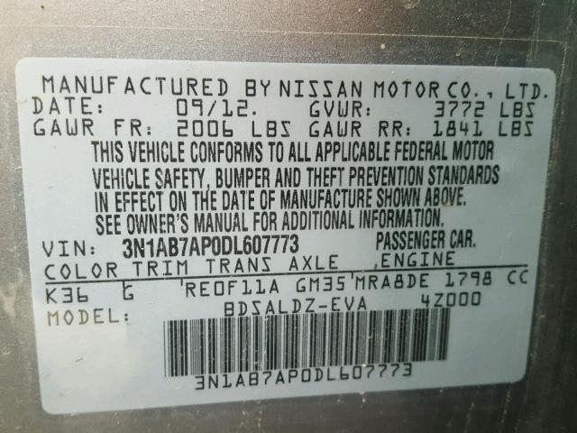 3N1AB7AP0DL607773 - 2013 NISSAN SENTRA S GRAY photo 10