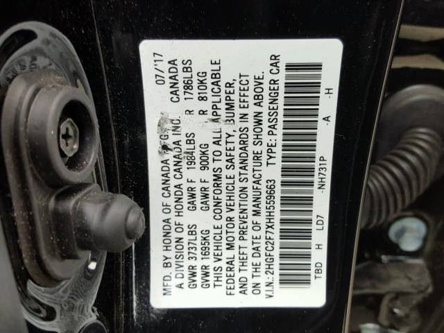 2HGFC2F7XHH559663 - 2017 HONDA CIVIC EX BLACK photo 10