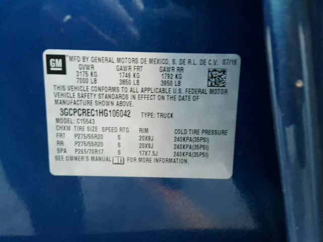 3GCPCREC1HG106042 - 2017 CHEVROLET SILVERADO BLUE photo 10