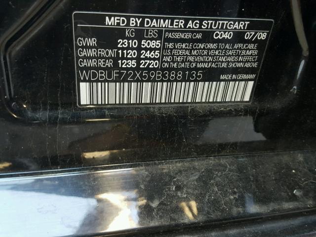 WDBUF72X59B388135 - 2009 MERCEDES-BENZ E 550 BLACK photo 10