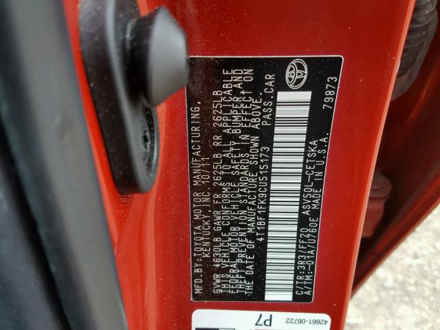 4T1BF1FK9CU515173 - 2012 TOYOTA CAMRY BASE RED photo 10