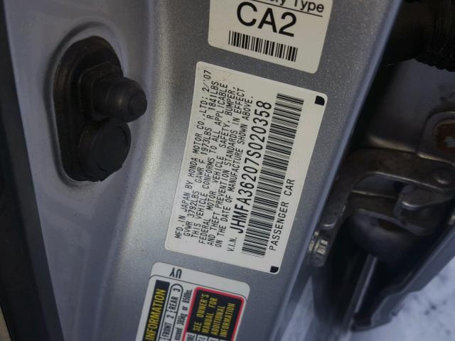 JHMFA36207S020358 - 2007 HONDA CIVIC HYBR SILVER photo 10